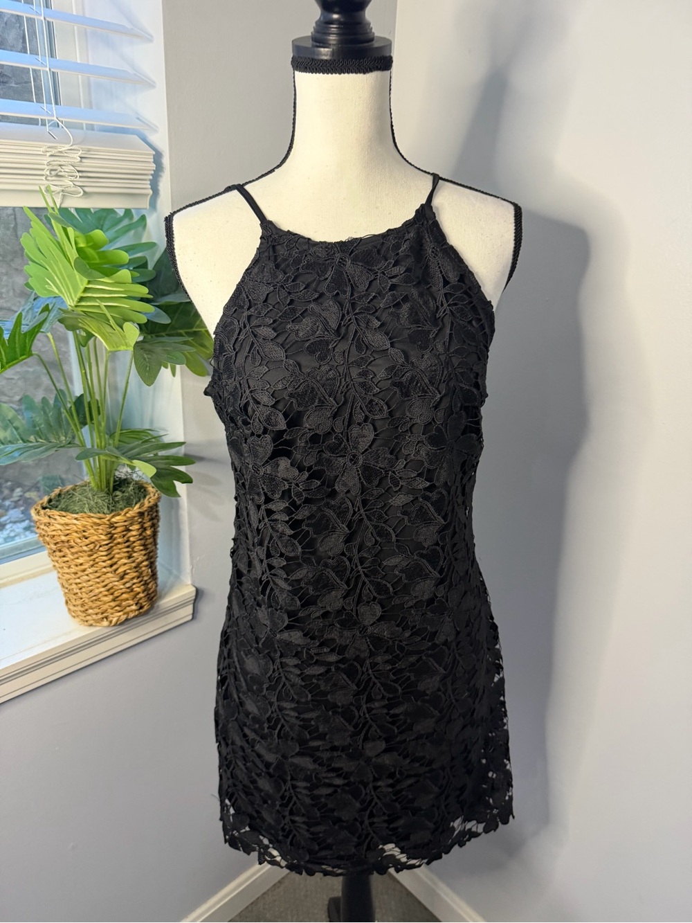 a new day Black Floral Lace Halter Mini Dress